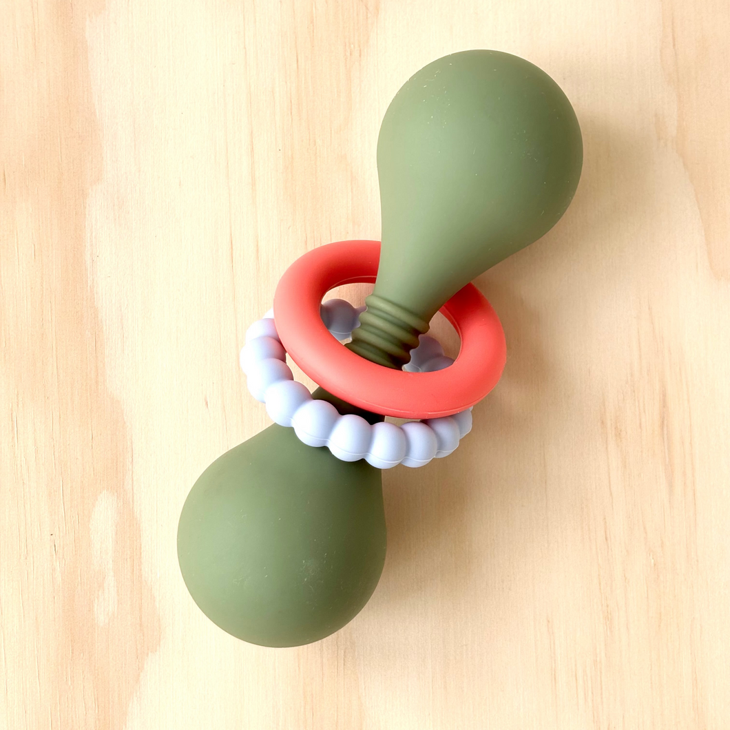 Olive Green – Silicone Sensory Rattle with Bell